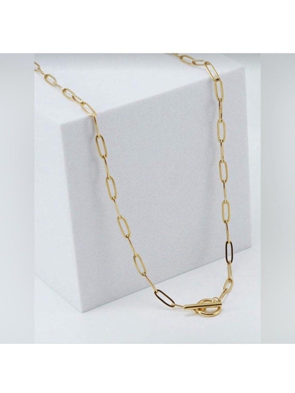Gold Plated Stainless Steel Paperclip Chain Necklace with Toggle Clasp - Picture 2 of 2